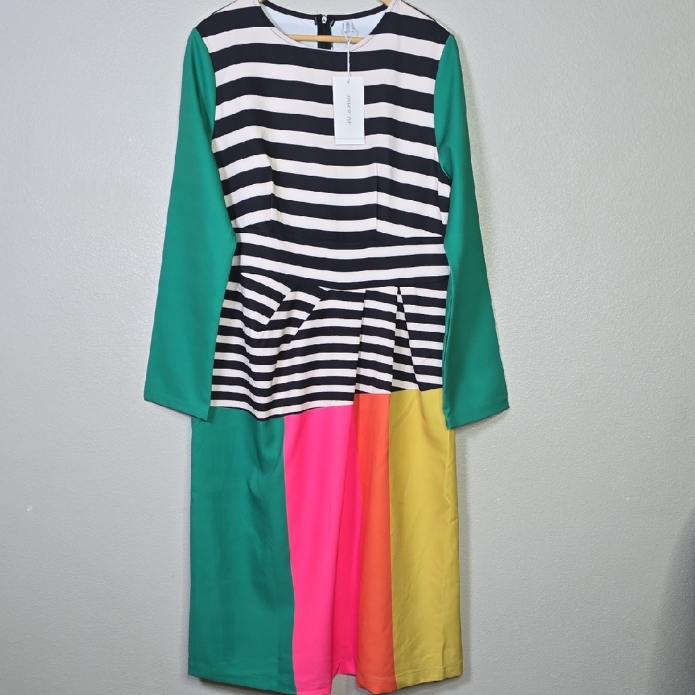 Oshoplive Colorblock Stripe Peplum Dress in Green, Pink, Orange & Yellow NwT.
